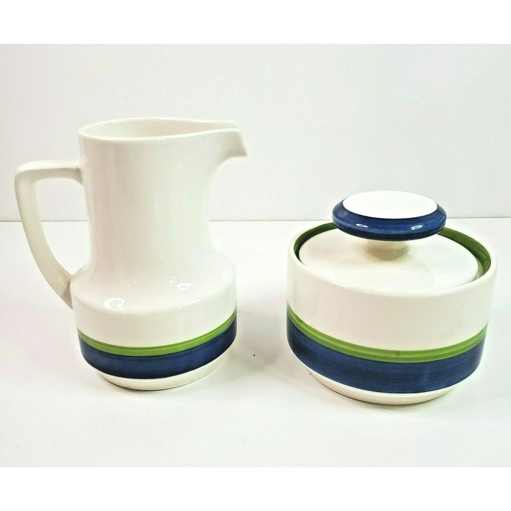 Retro Vintage Noritake Craftone Polka 8758 Cream & Sugar Set White Blue Green
